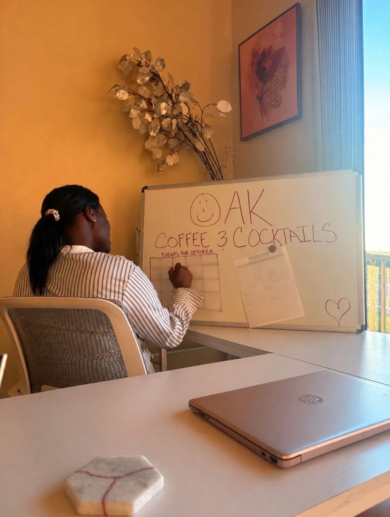 Writing Oak Coffee and Cocktails on a whiteboard